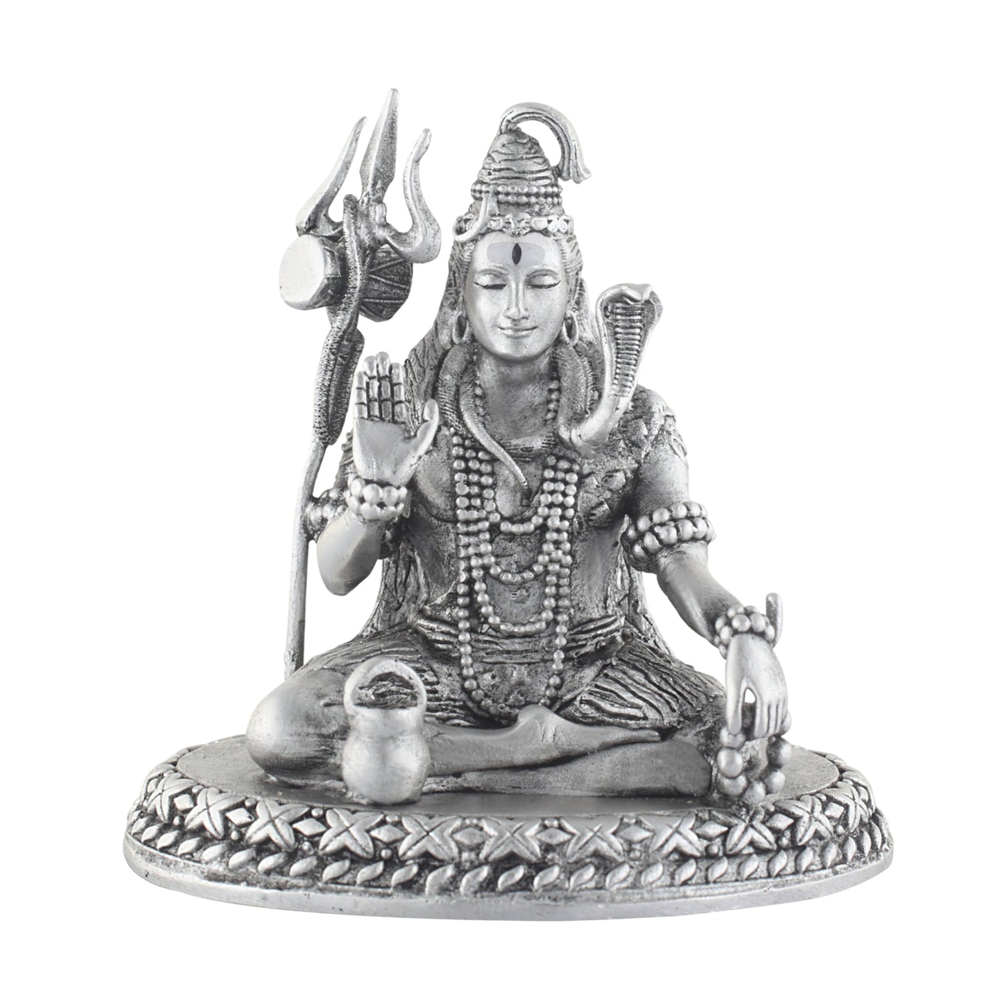 Silver statue of a seated deity shiva with a shankha and mace on a white background