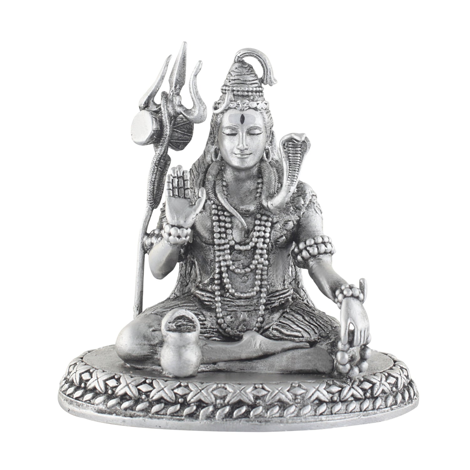 Silver statue of a seated deity shiva with a shankha and mace on a white background