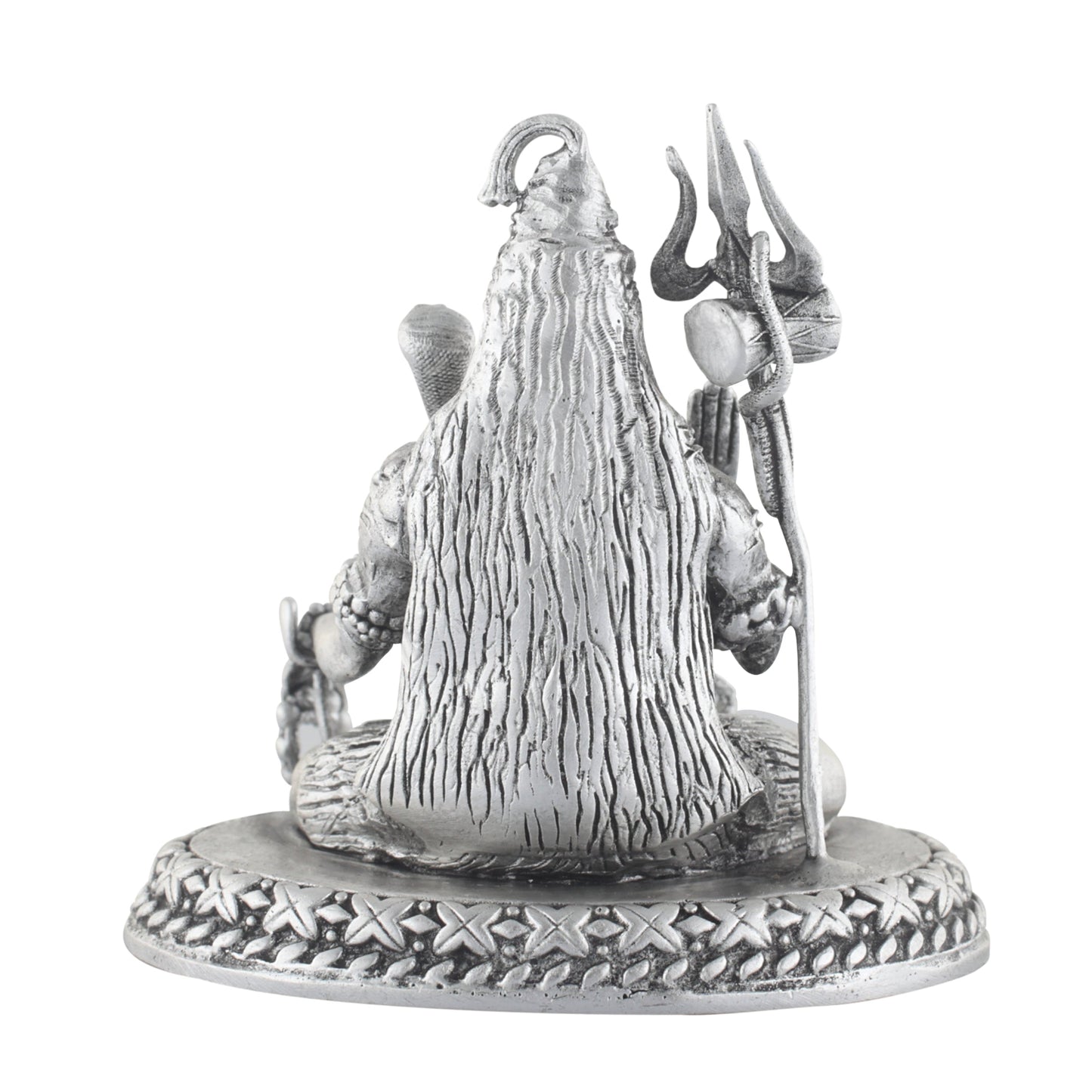 Silver statue of a shiva with a long hair and traditional attire on a white background
