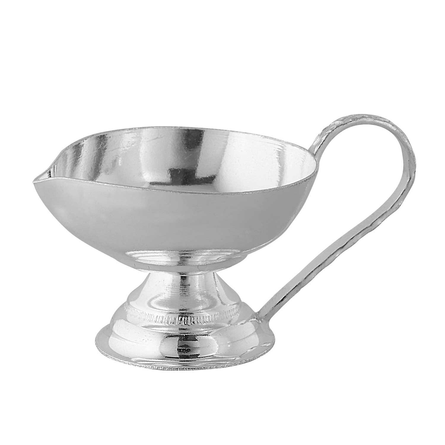 Silver pedestal diya with handle on a white background