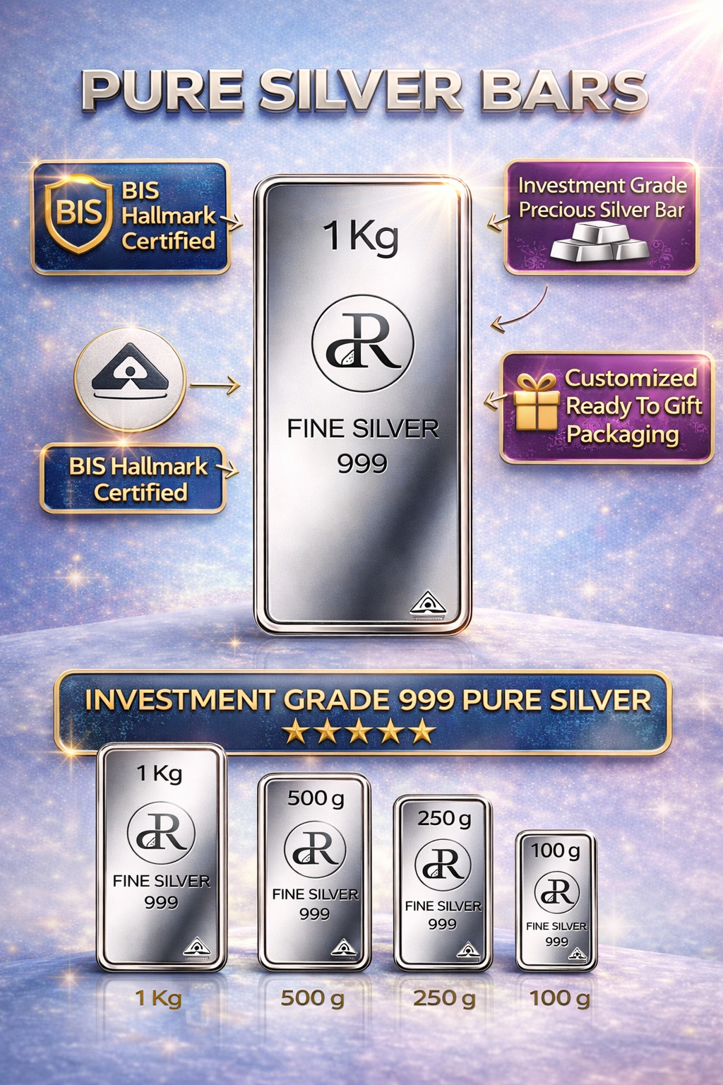Pure silver bars with customizable packaging on a gradient background