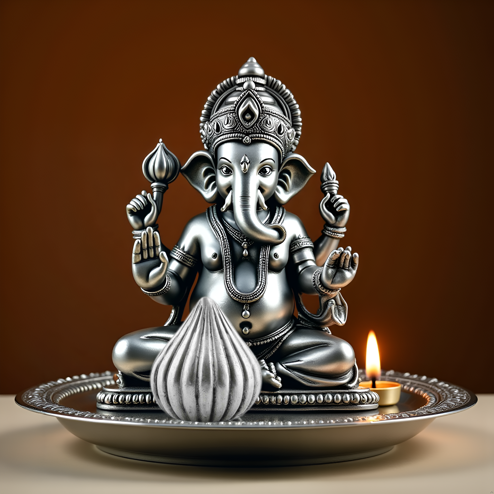 Silver statue of Ganesha on a tray with a modak against a brown background