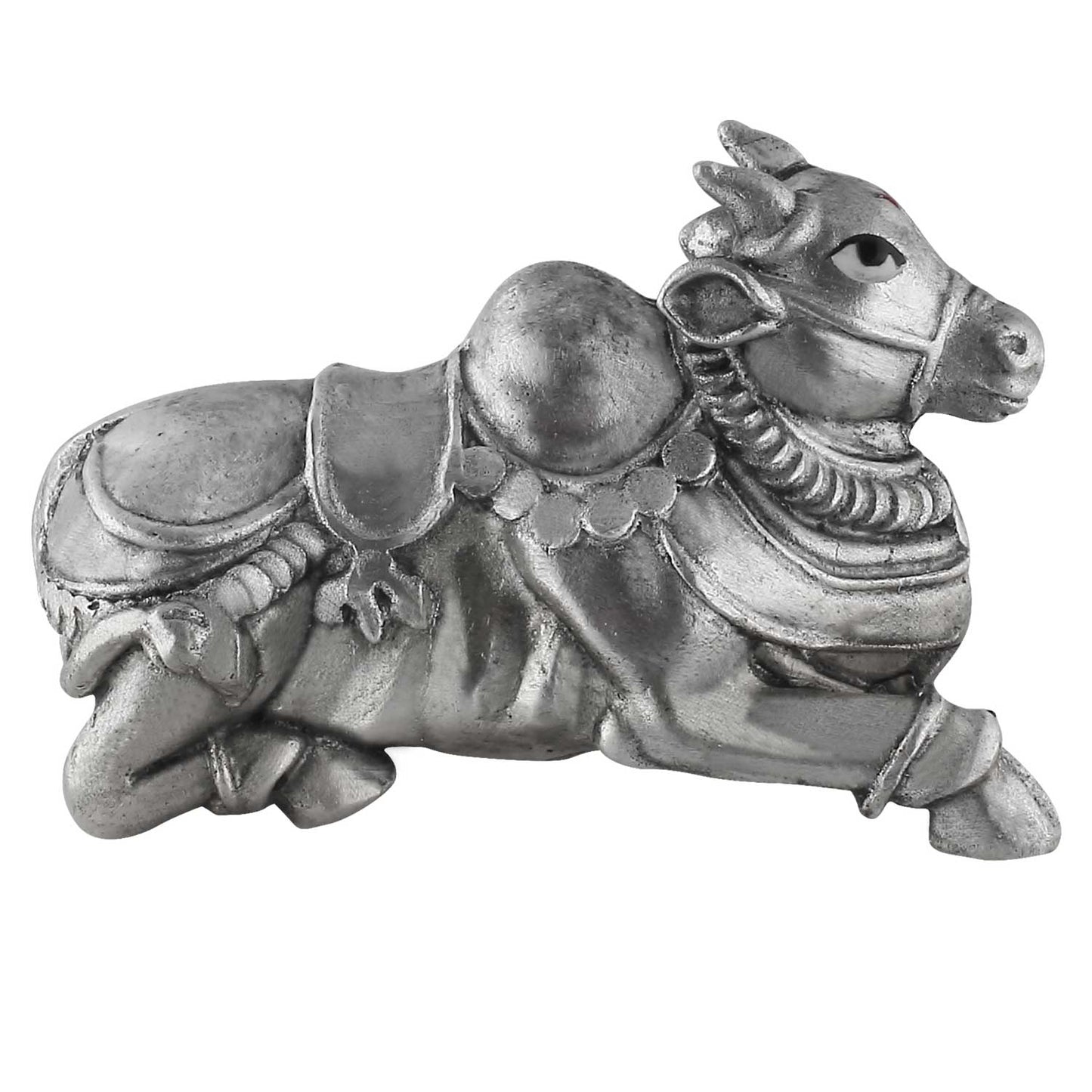 Silver decorative nandi figurine on a white background