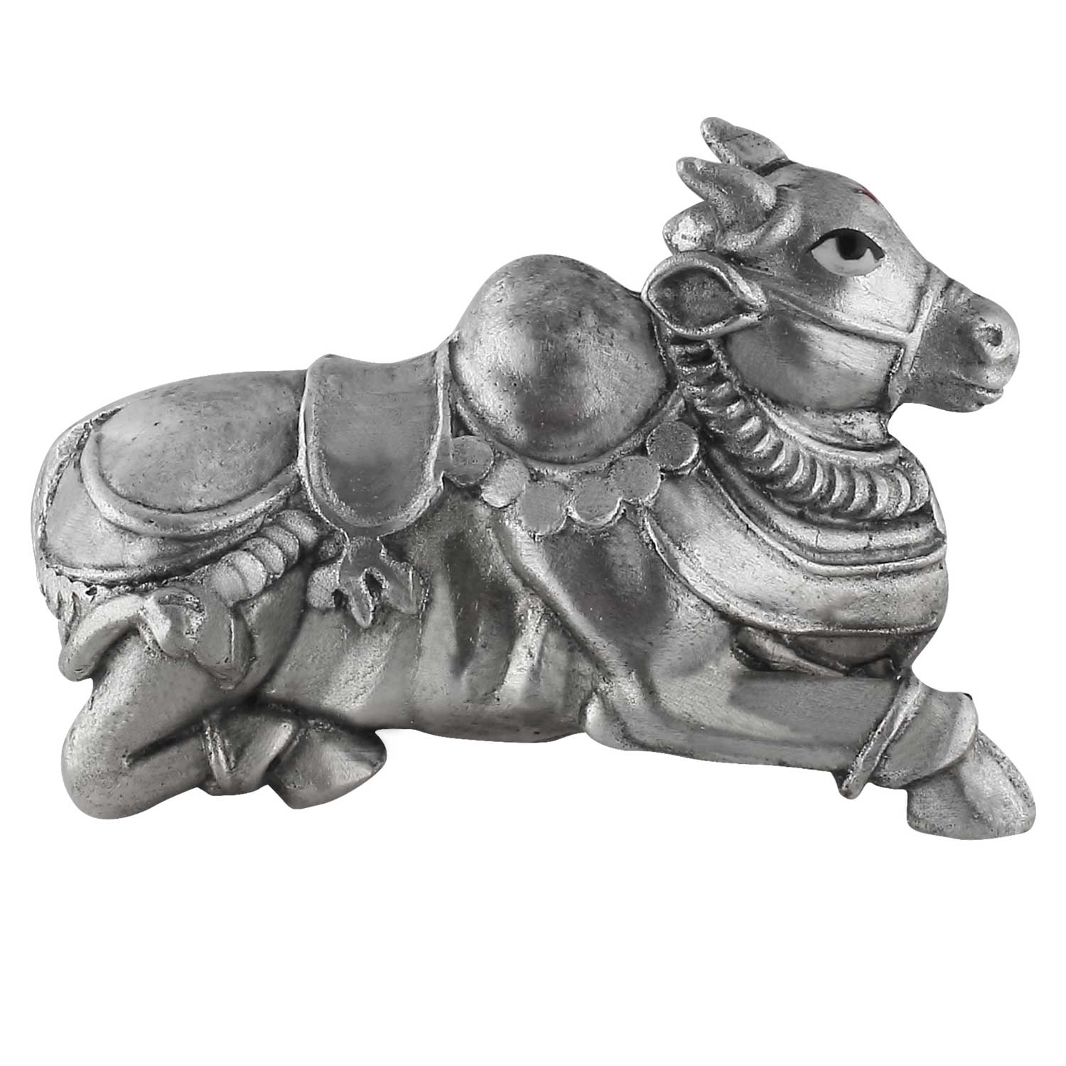 Silver decorative nandi figurine on a white background