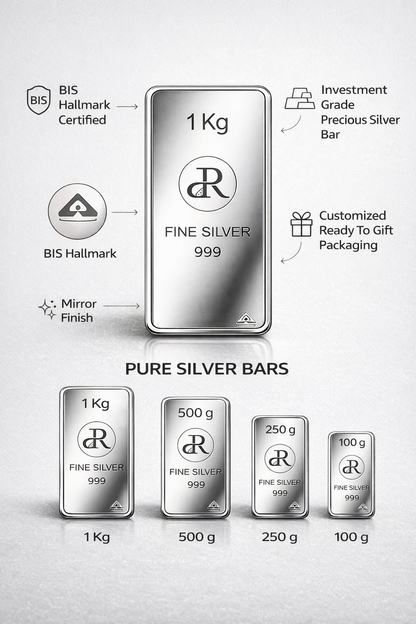 Silver bars with customizable packaging on a light gray background