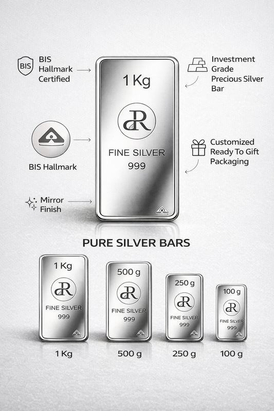 Silver bars with customizable packaging on a light gray background
