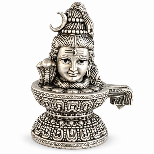 925 silver Lord Shiva face Shivling with Naga and crescent moon, front view