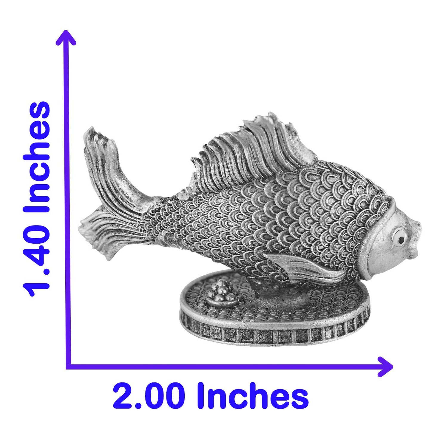 Silver fish figurine with dimensions labeled on a white background