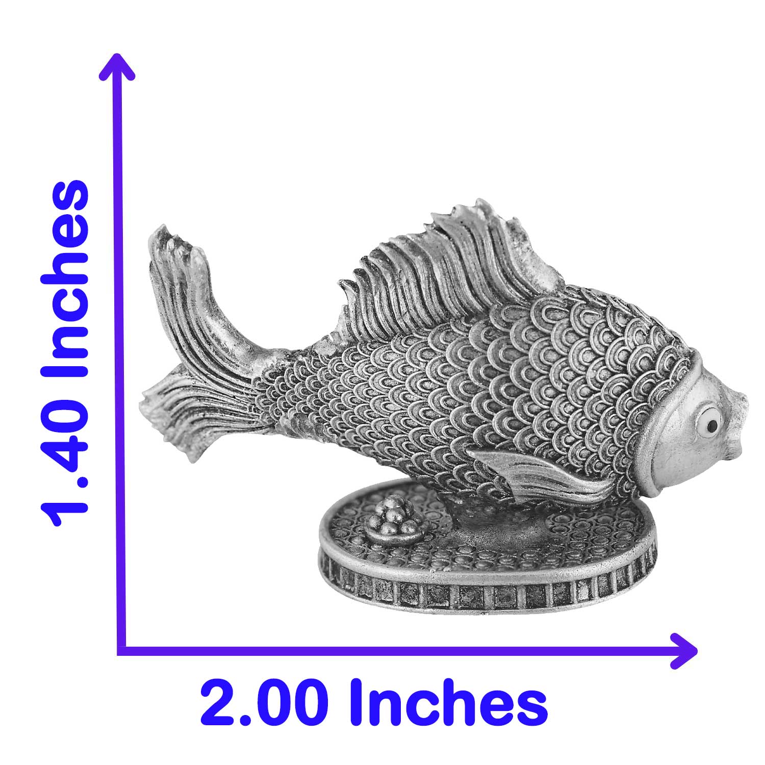 Silver fish figurine with dimensions labeled on a white background