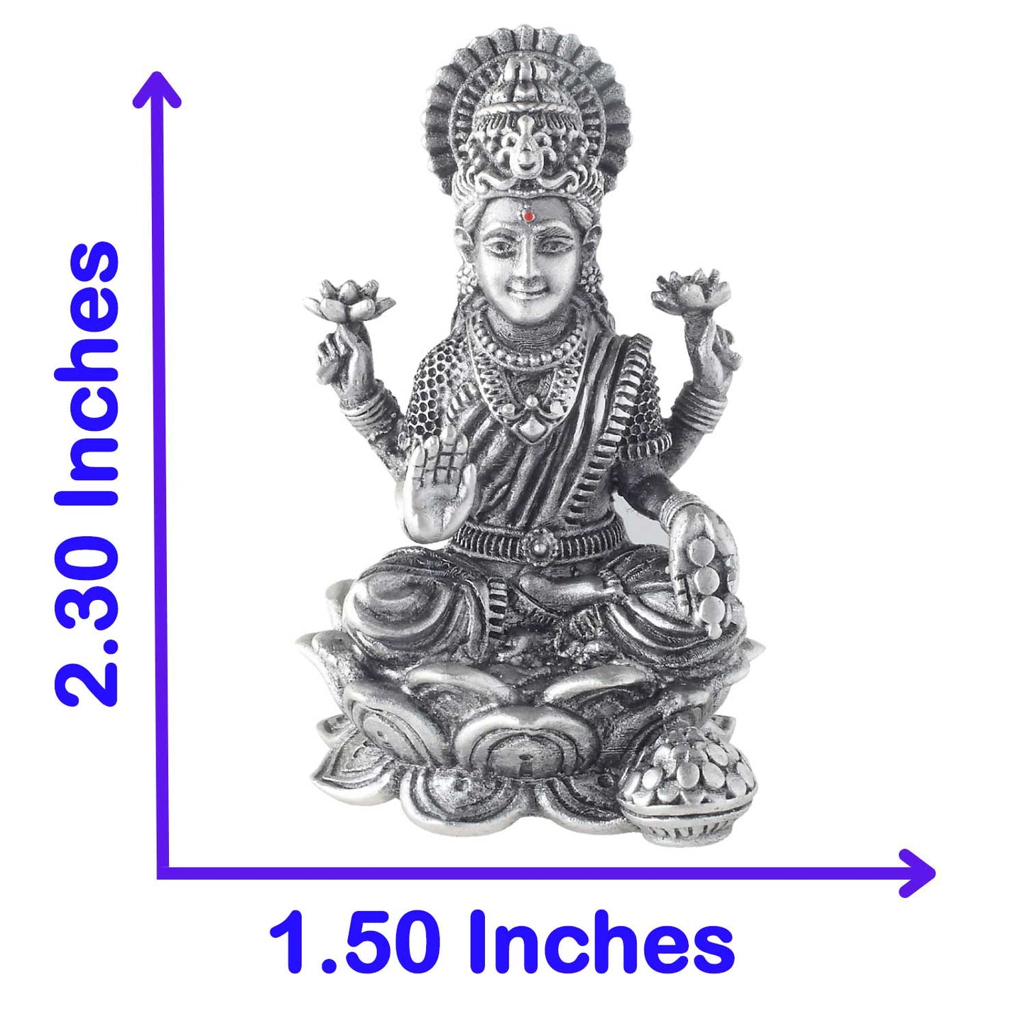 Silver laxmi statue with dimensions indicated on a white background