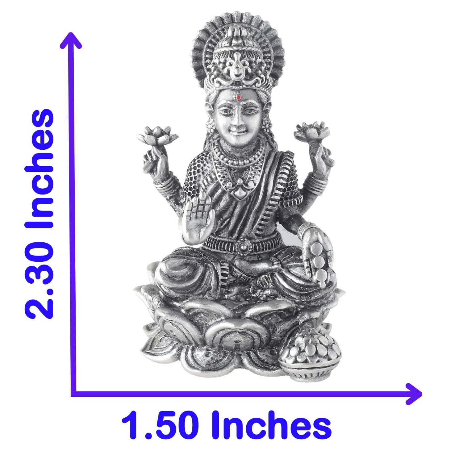 Silver laxmi statue with dimensions indicated on a white background