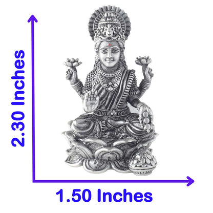 Silver laxmi statue with dimensions indicated on a white background