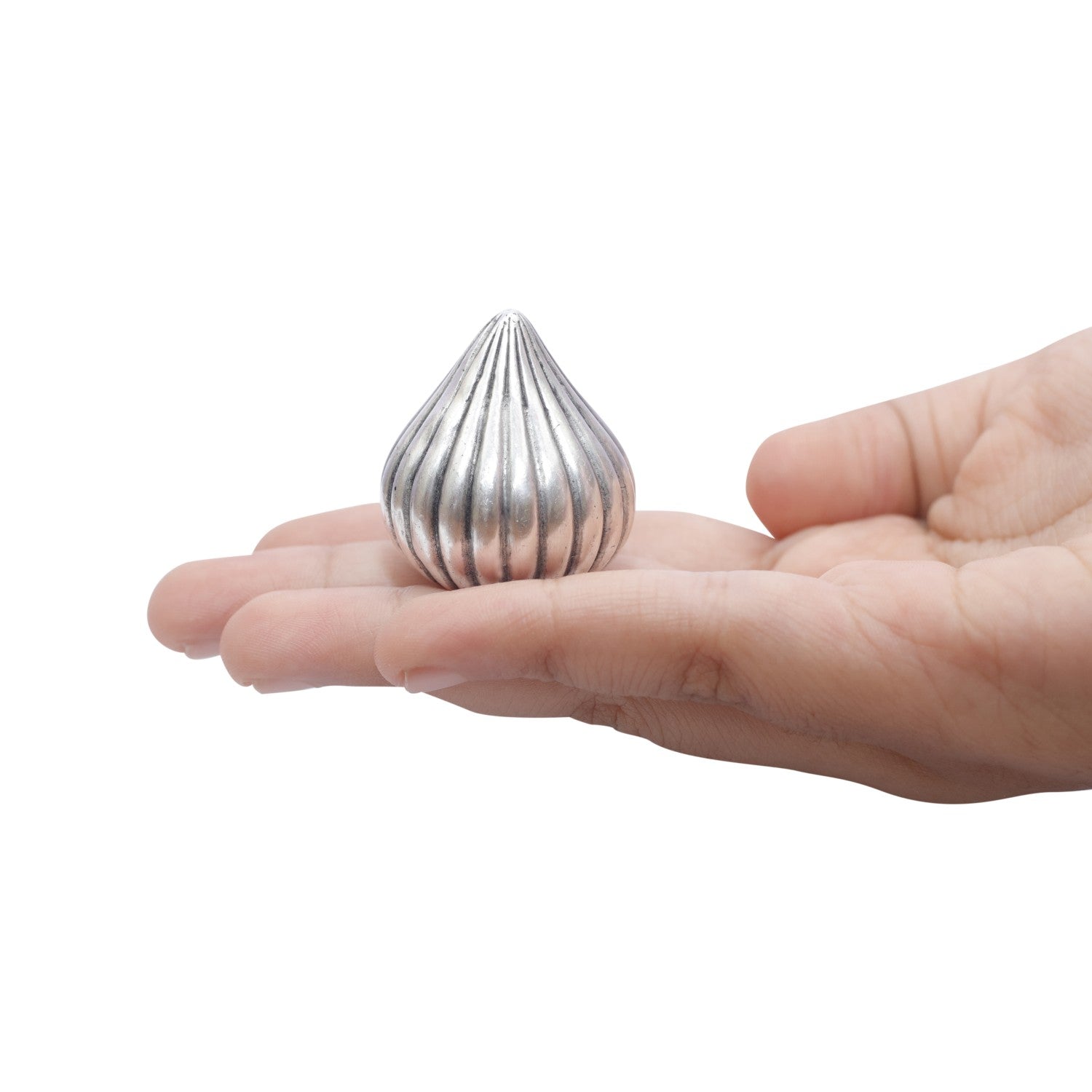 Silver modak held in a hand on a white background