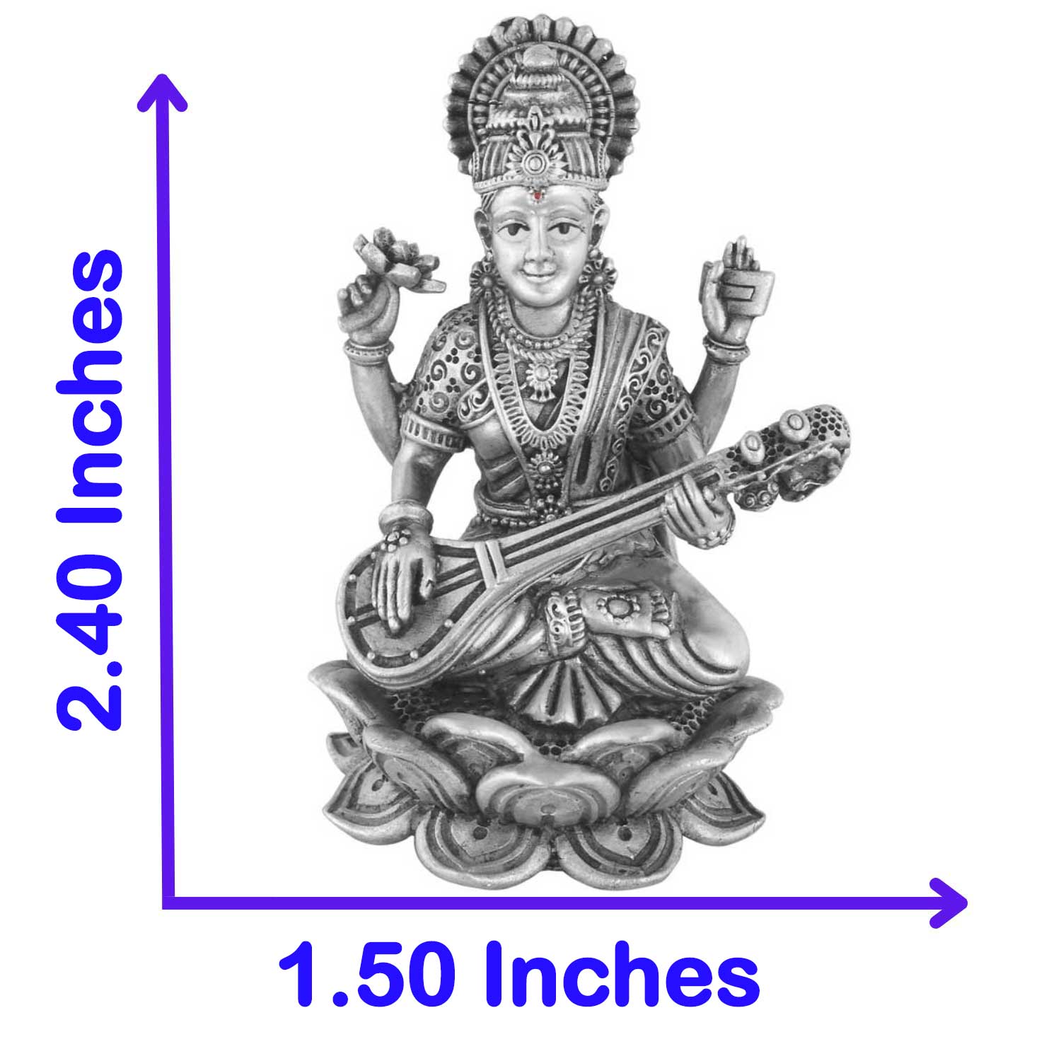 Statue of a deity saraswati playing a stringed instrument with dimensions indicated