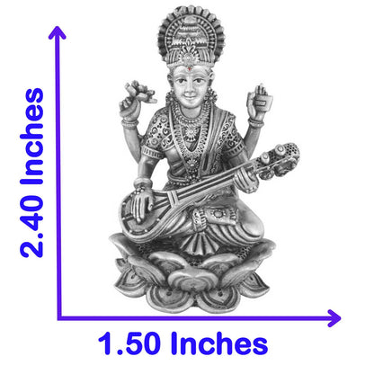 Statue of a deity saraswati playing a stringed instrument with dimensions indicated