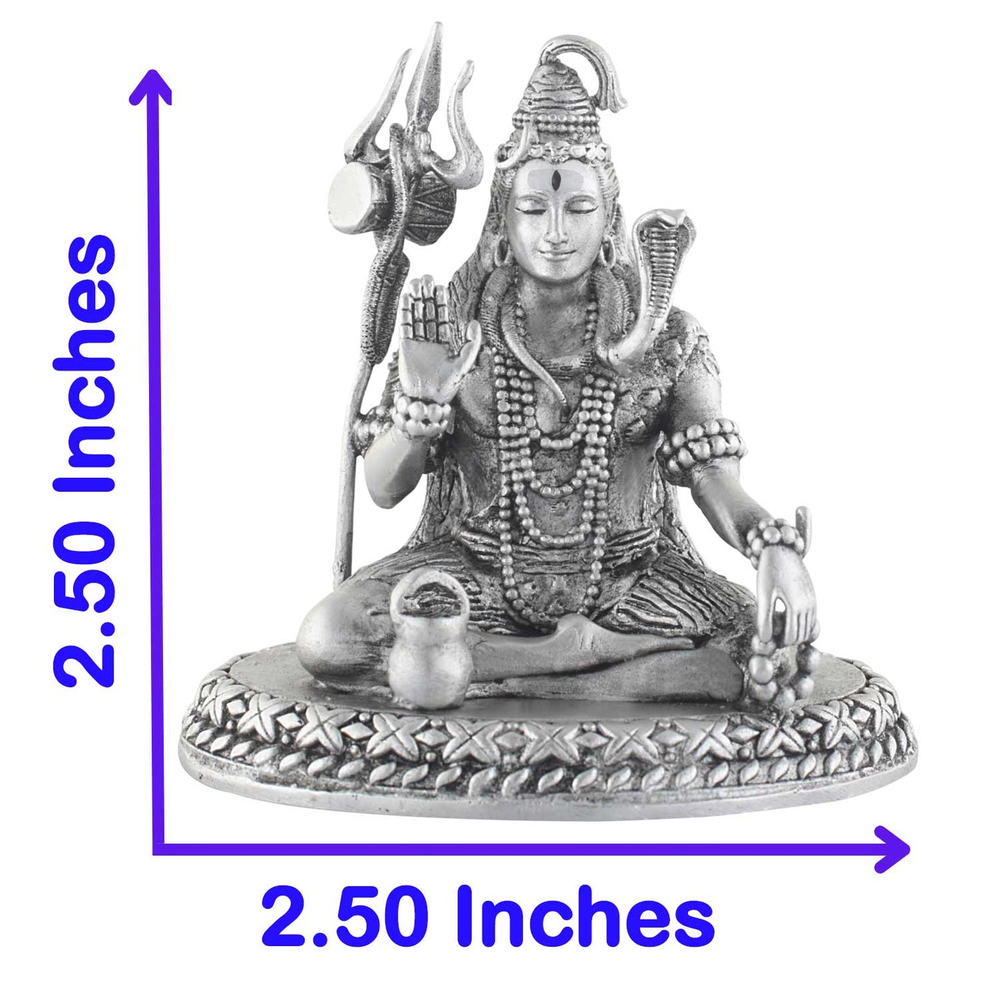 Silver-colored shiva statue with measurements on a white background