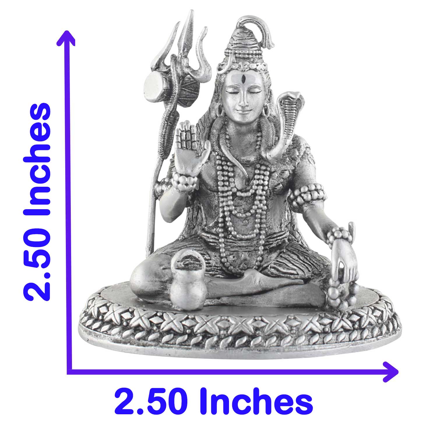 Silver-colored shiva statue with measurements on a white background