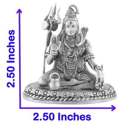Silver-colored shiva statue with measurements on a white background