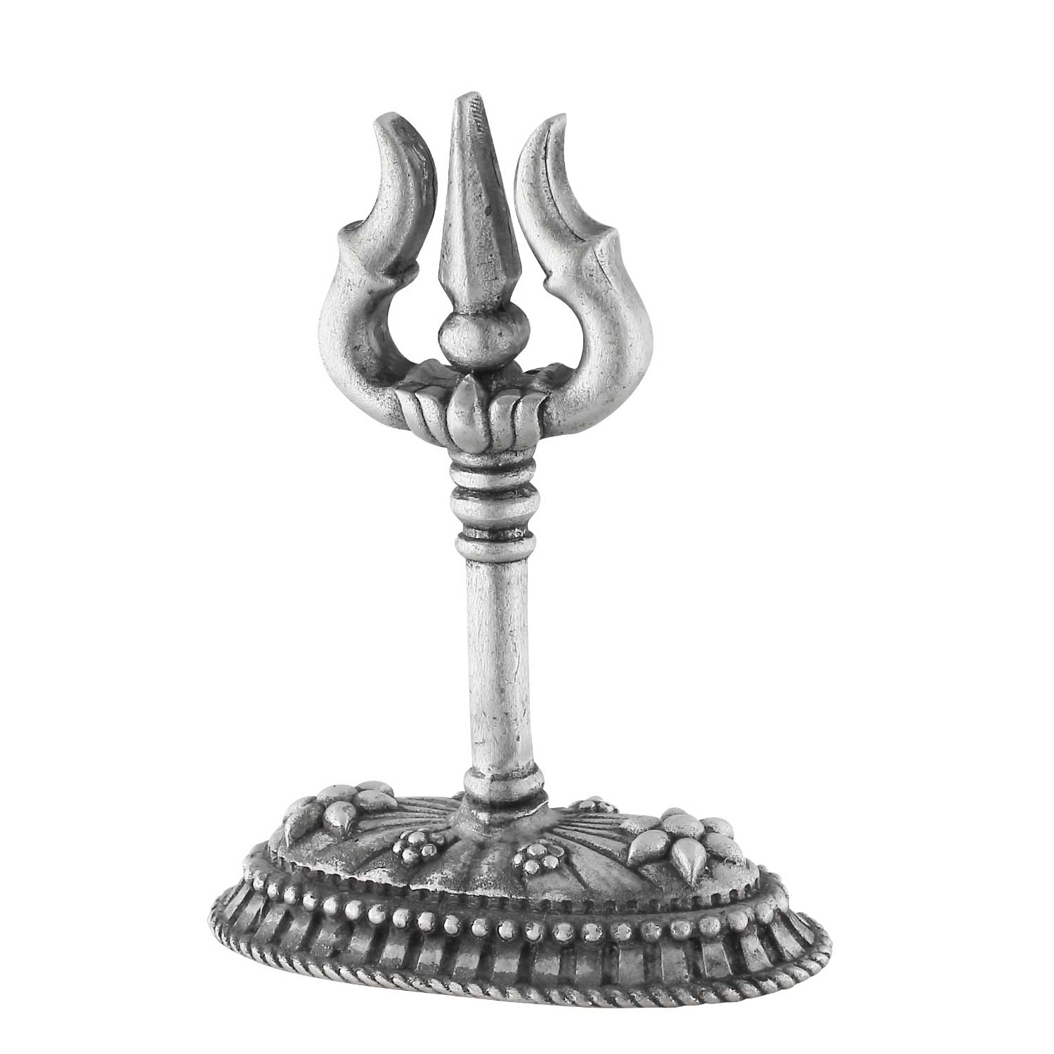 Decorative silver trident with intricate base on a white background