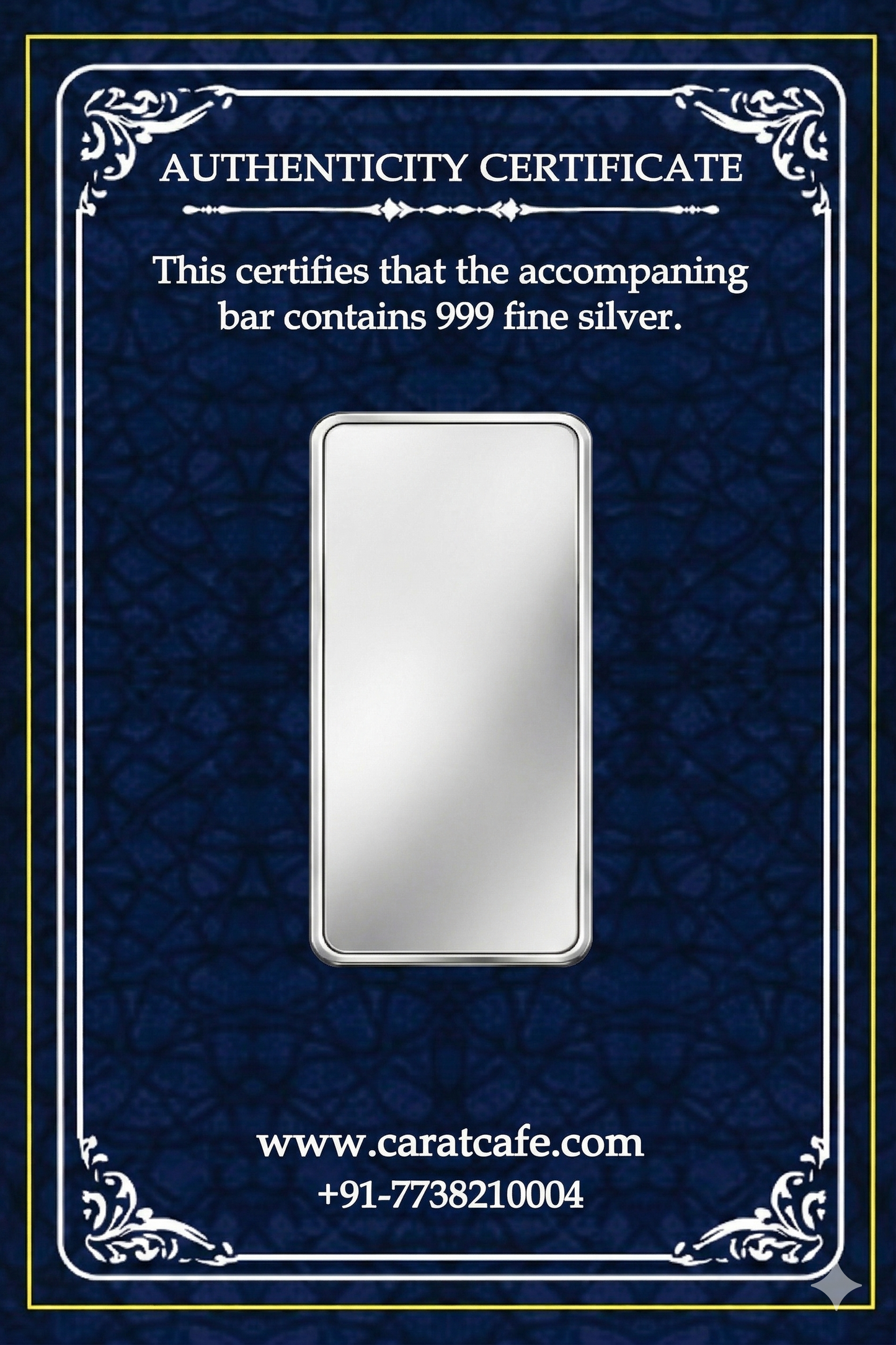 Silver bar with authenticity certificate on a blue background