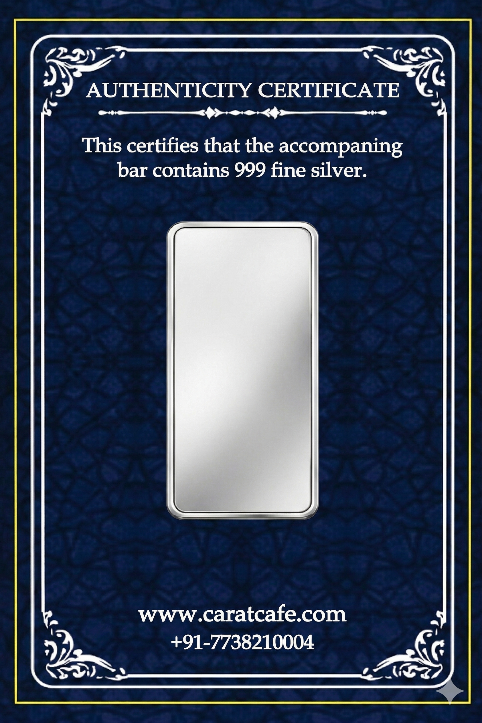 Silver bar with authenticity certificate on a blue background