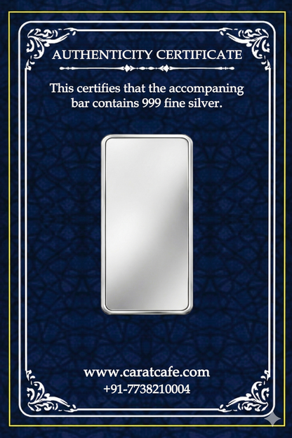 Silver bar with authenticity certificate on a blue background