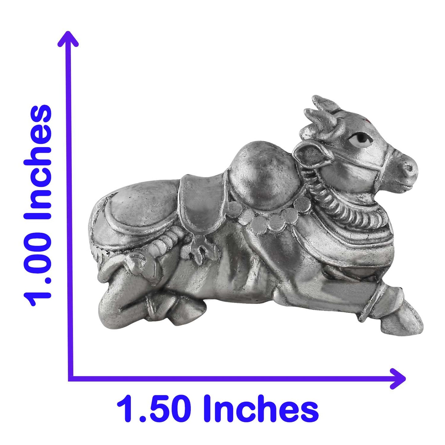 Silver bull figurine with measurements on a white background