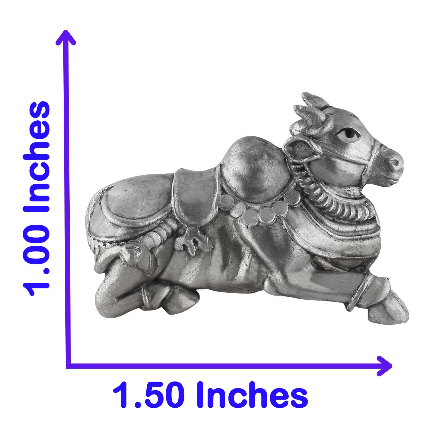 Silver bull figurine with measurements on a white background