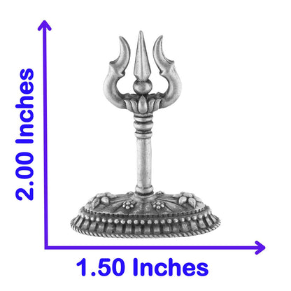Silver trident with measurements on a white background