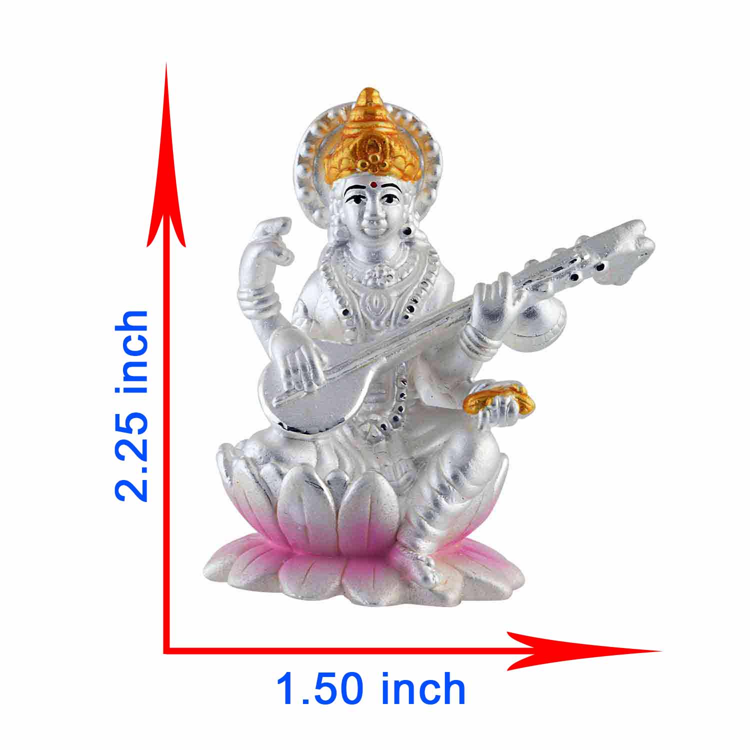 Silver Saraswathi Maa Idol Showing Dimension of Goddess Maa Saraswati Murti
